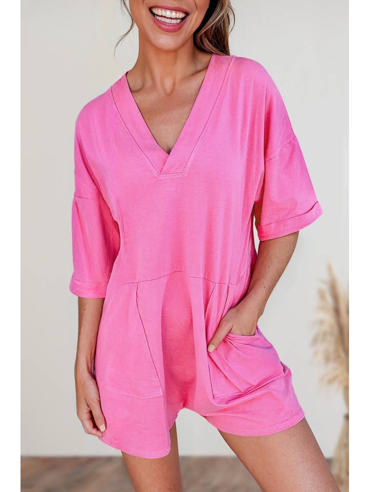 Aapparella - Wholesale Romper - Women's - Solid Half Sleeve V Neck Knit Casual Romper | S-XL