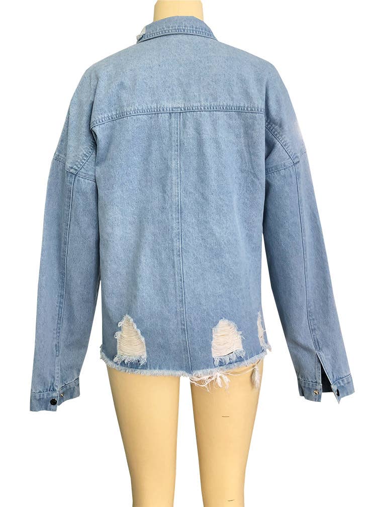 HIDDENBRAND - Wholesale Denim Jacket - Women's - Oversized  ripped frayed edges denim jacket14