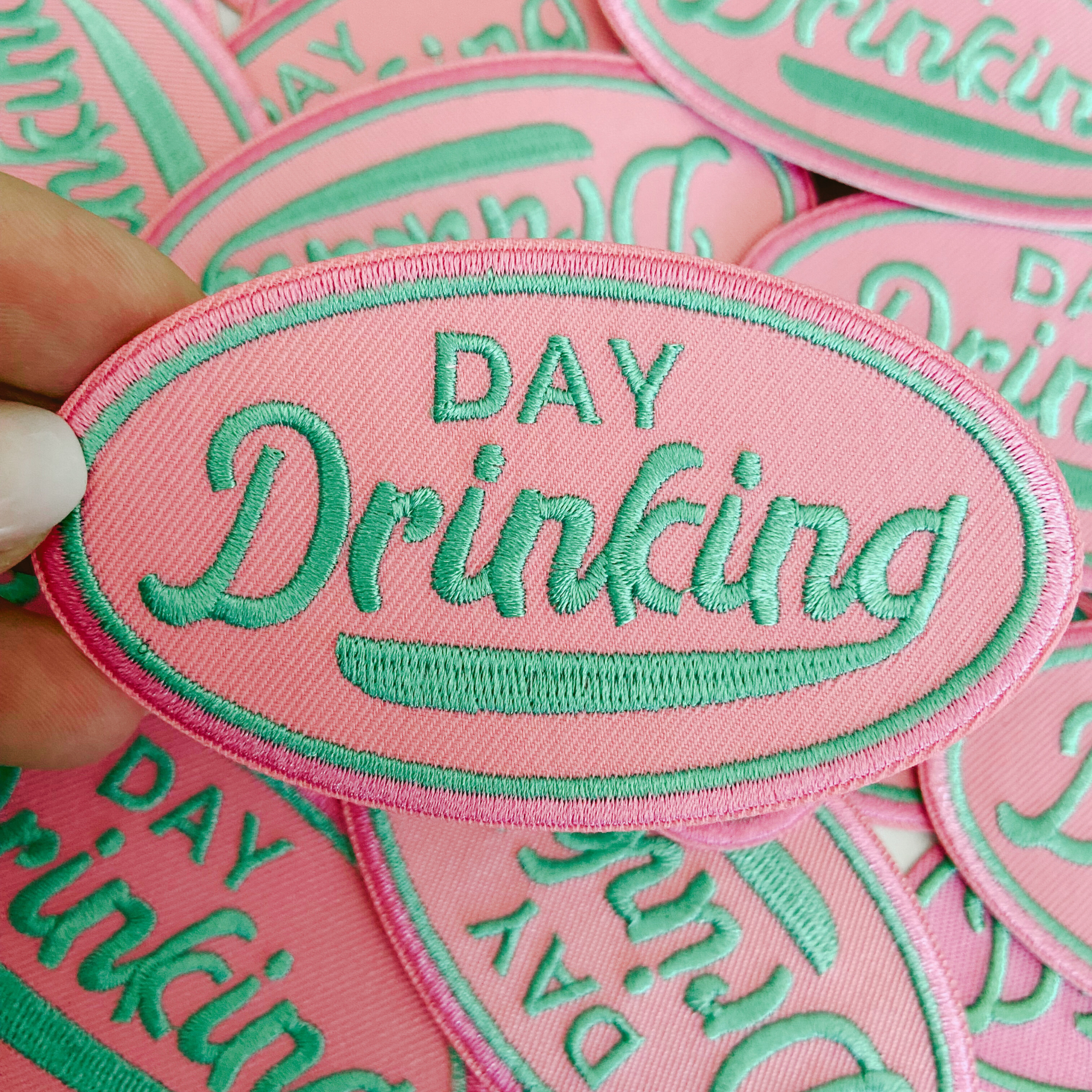 TEELUX - Wholesale Patch - 3.75" Day Drinking in Pink and Teal  -  Embroidered Hat Patch (Version 2)3