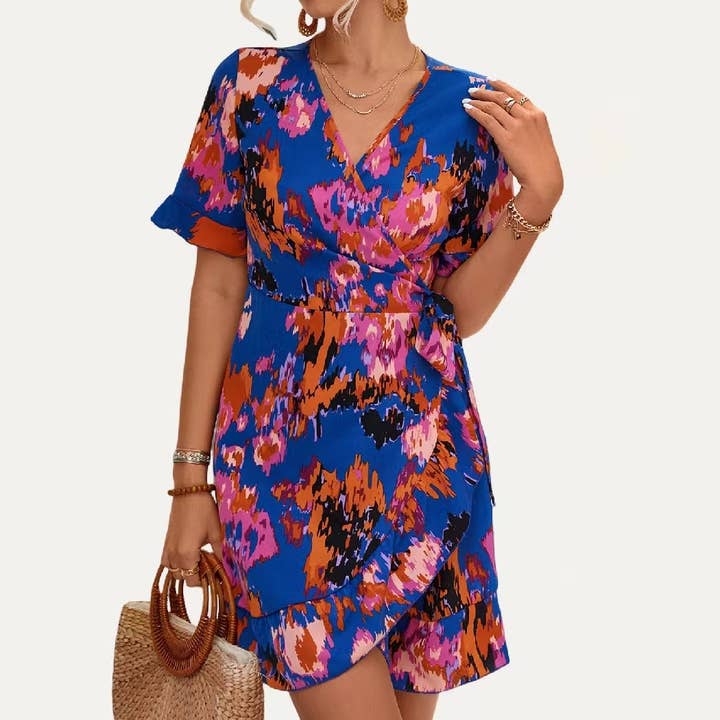 The Moment Collection - Wholesale Dress - Women's - Flirtly Print Surplice Neck Short Sleeve Wrap Mini Dress