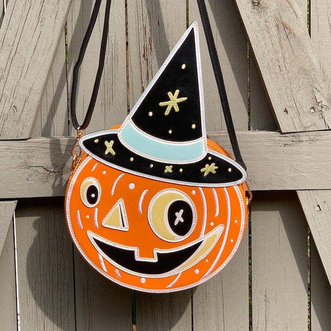 Retro Pumpkin Witch Halloween shoulder bag for wholesale by Ash Evans