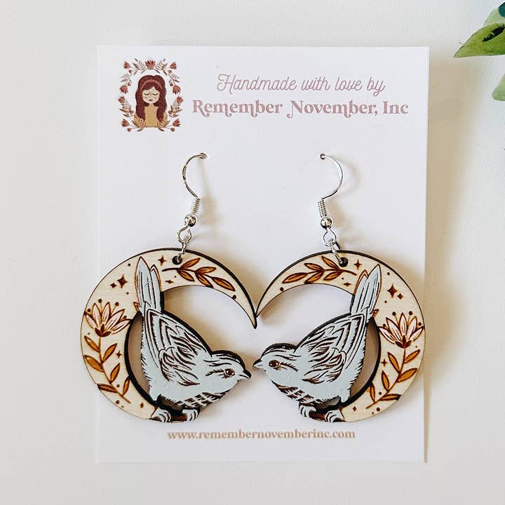 Bird Earrings, Handmade, Birch Wood for wholesale by Remember November, Inc