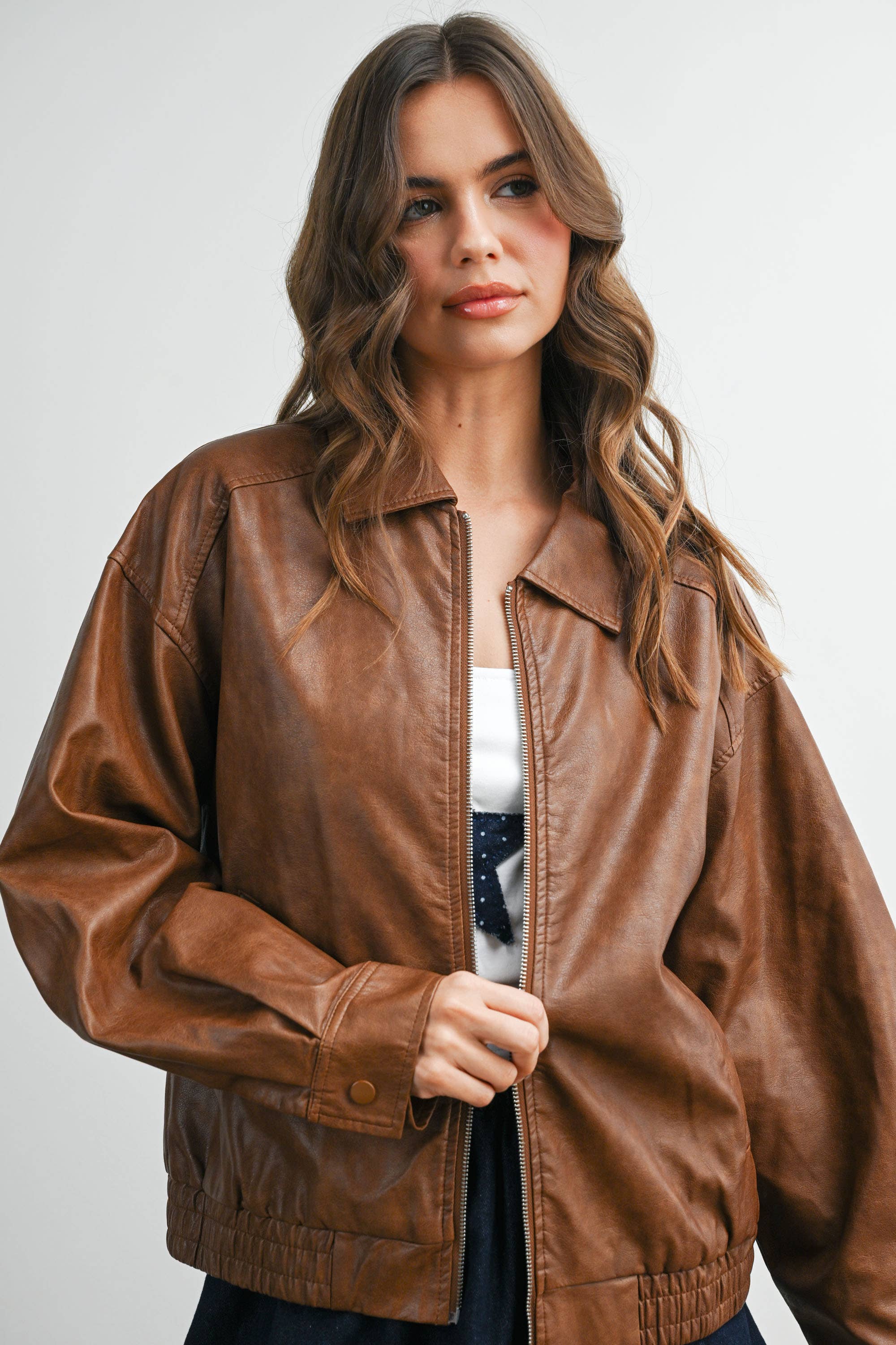 BUTTERMELON - Wholesale Jacket - Women's - Collared Zip-Front Leather Jacket - BMJ796834