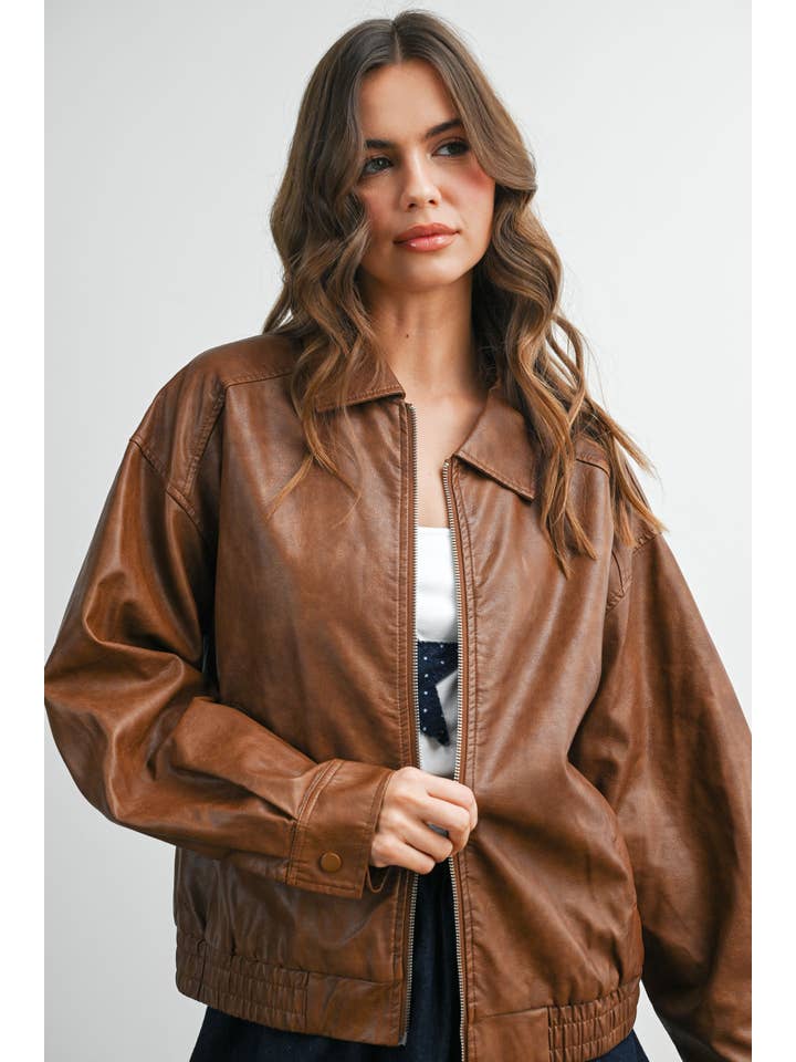 BUTTERMELON - Wholesale Jacket - Women's - Collared Zip-Front Leather Jacket - BMJ796834