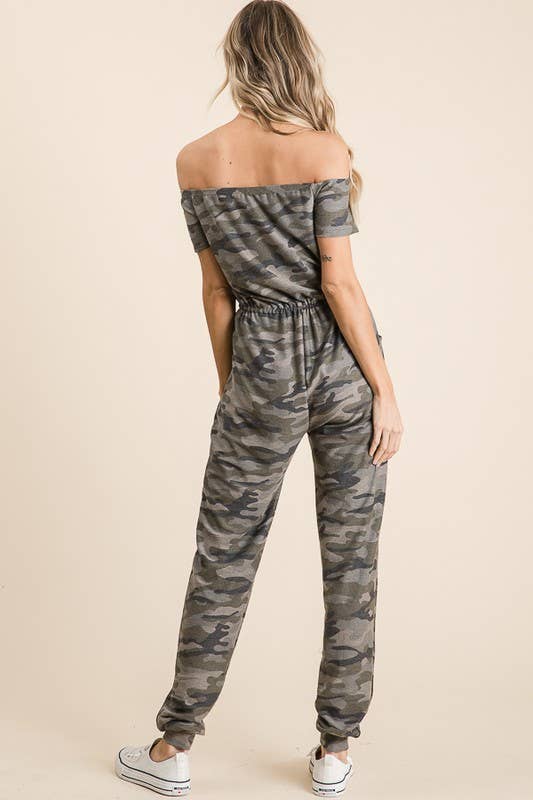 LMR5102-J-Harper's Camo Off the Shoulder Jumpsuit for wholesale on Faire9