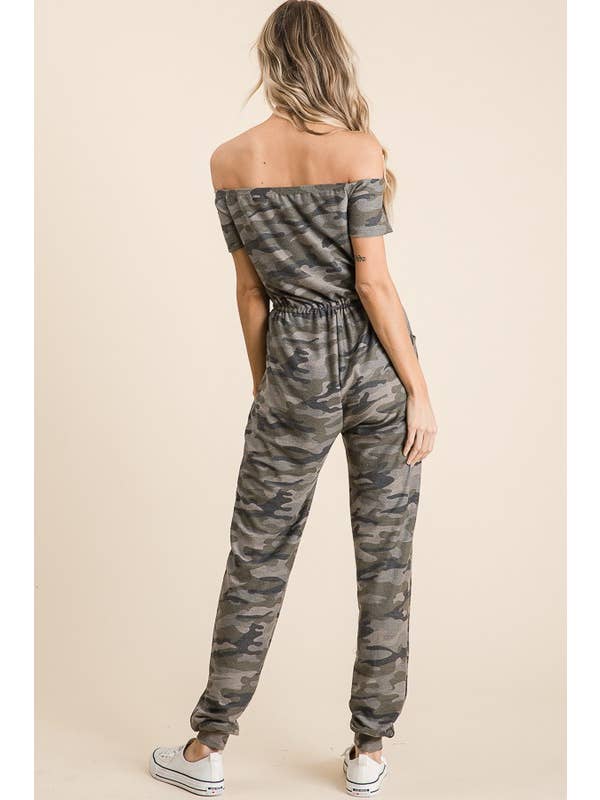 LMR5102-J-Harper's Camo Off the Shoulder Jumpsuit for wholesale on Faire9