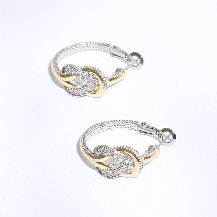 EK Two-Toned CZ Pave Knotted Huggie Hoop Earrings for wholesale on Faire4