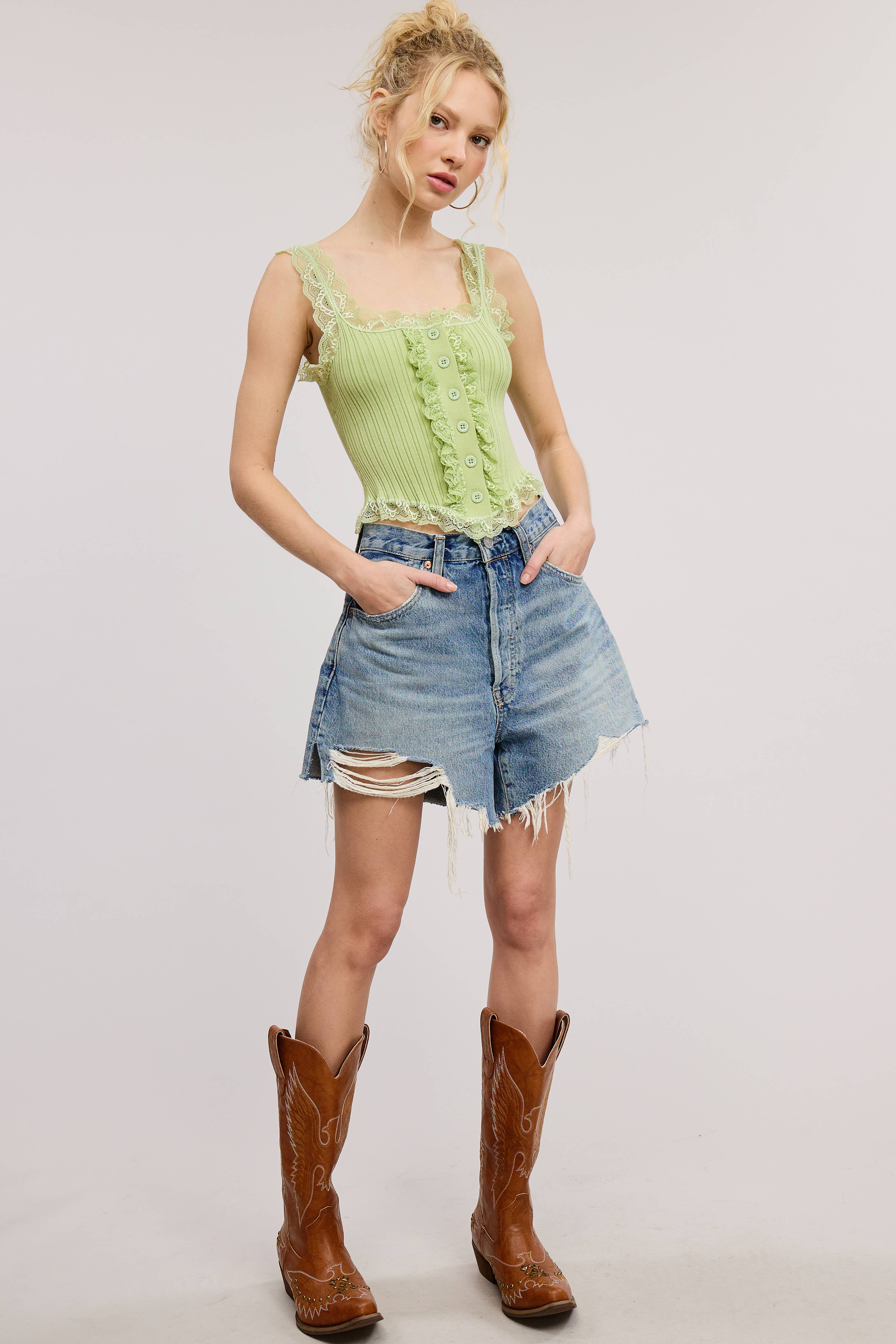 Mimosa - Wholesale Tank Top - Women's - Scalloped Lace Trim Corset-Bodice Knit Tank Top16