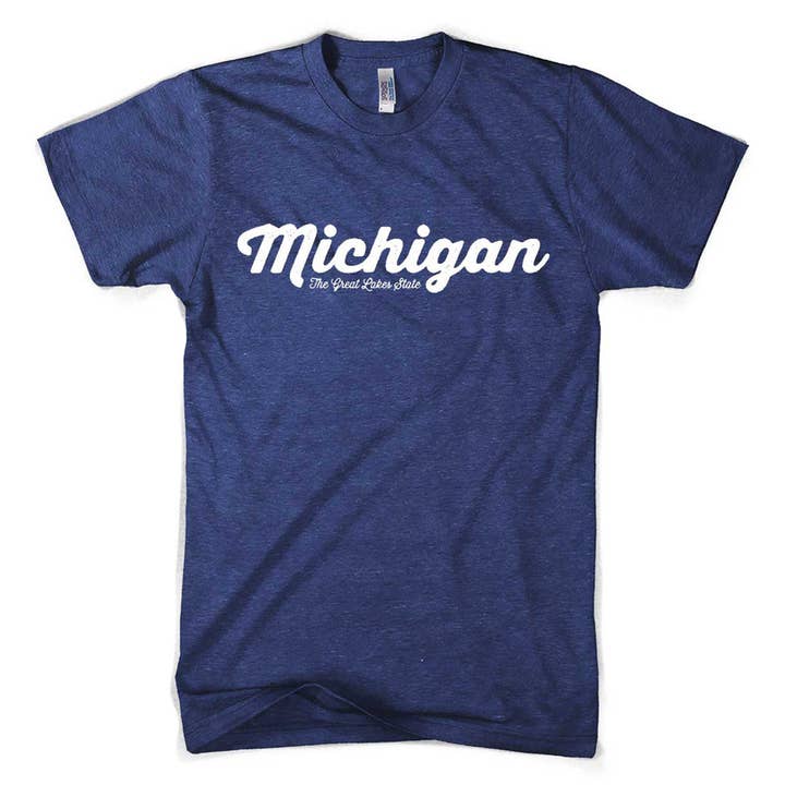 Triblend Michigan Script T-Shirt für Herren (Indigo) für den Großhandel von Detroit Shirt Co.
