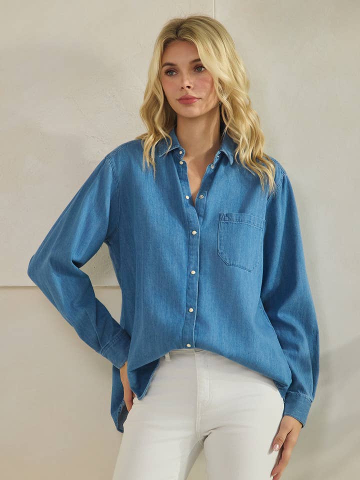 SNAP BUTTON DOWN DENIM BLUE BLOUSE for wholesale by Star Drop