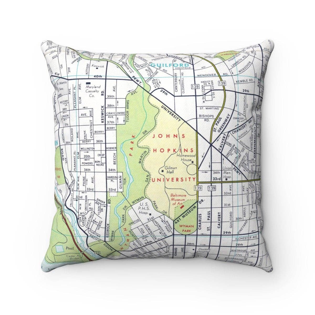 Daisy Mae Designs - Wholesale Throw/Decorative Pillow - John Hopkins University Baltimore Maryland Map Pillow0