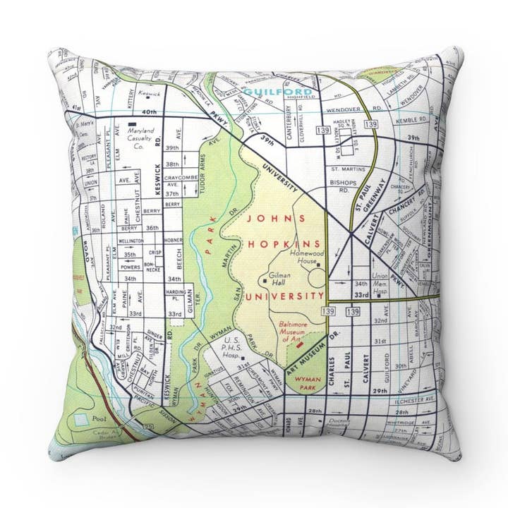 Daisy Mae Designs - Wholesale Throw/Decorative Pillow - John Hopkins University Baltimore Maryland Map Pillow