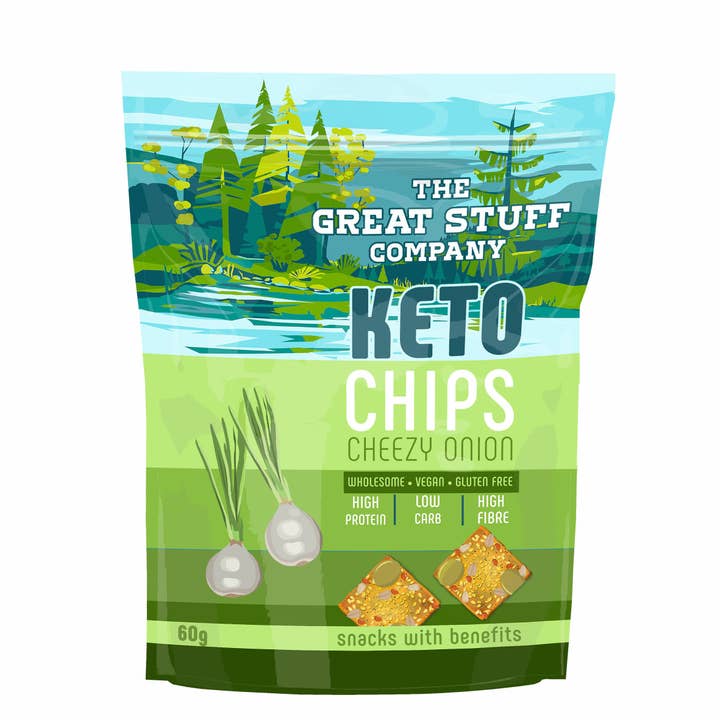 Keto Chips - Gluten-Free Cracker - Cheesy Onion for wholesale by The Great Stuff Company Ltd.