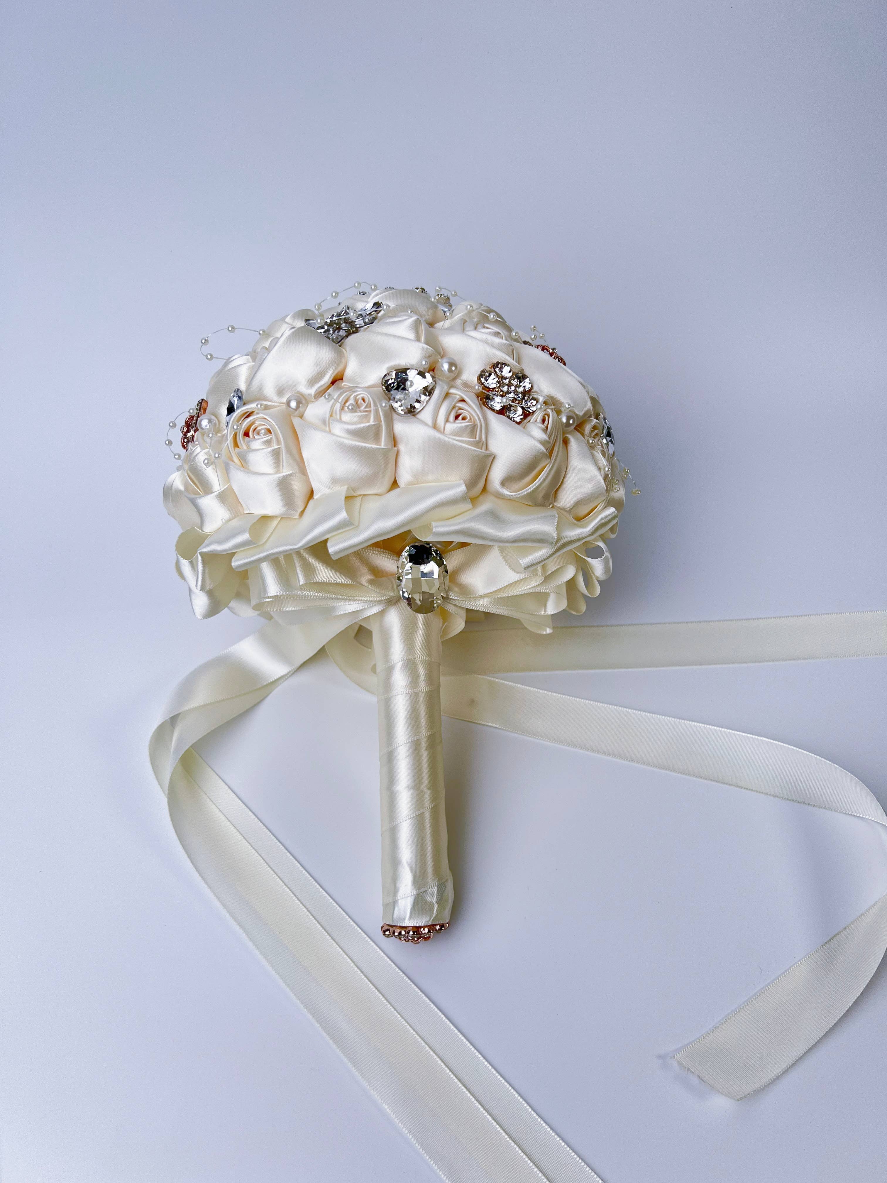 Floris Linens - Wholesale Artificial Flowers - Rhinestone Pearl Bridal Brooch Rose Bouquet for Wedding9