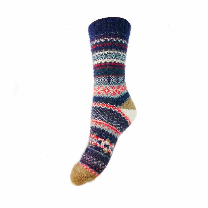 Chaussettes en laine mélangée douce à motif scandinave bleu et rouge pour la vente par GEMJAR LTD