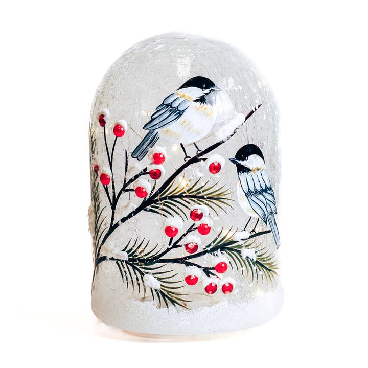 Winter Blue Jay Glass Cloche with LED String Lights — Christmas, Holiday Decorations for wholesale by A Cheerful Giver