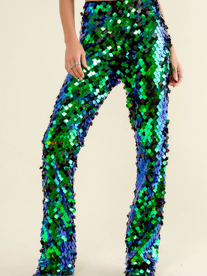 32842P - Mid Rise Iridescent Square Disc Sequin Pants for wholesale by Blue B