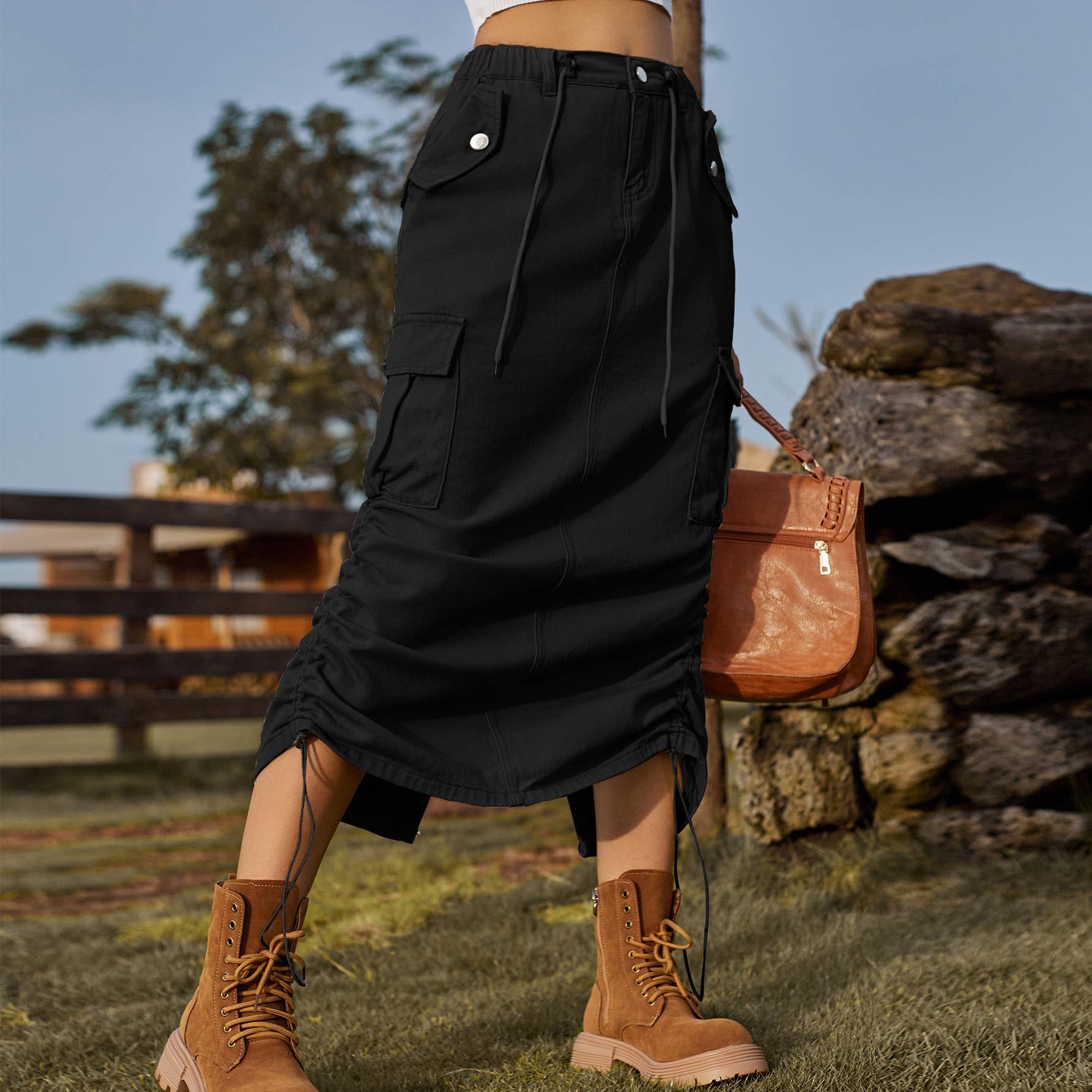 HIDDENBRAND - Wholesale Skirt - Women's - Drawstring Denim Cargo Skirt Casual Midi Skirt8