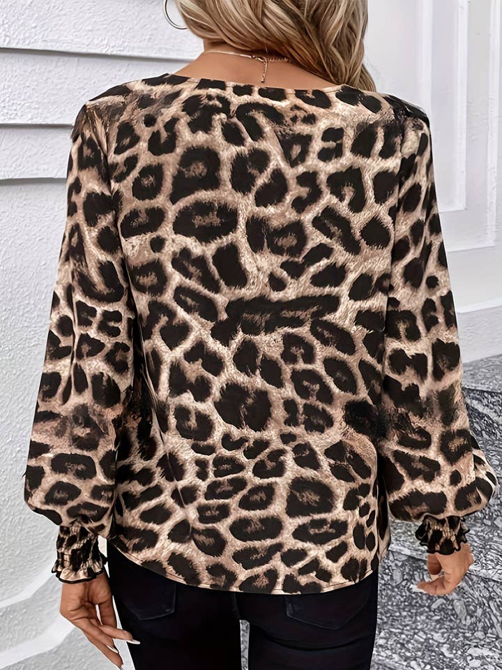 COFFEE V-neck leopard print loose long-sleeved shirt for wholesale on Faire1