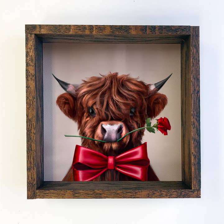 Hangout Home - Wholesale Sign - Valentines Cow Art Sign - Highland Bull with a Rose