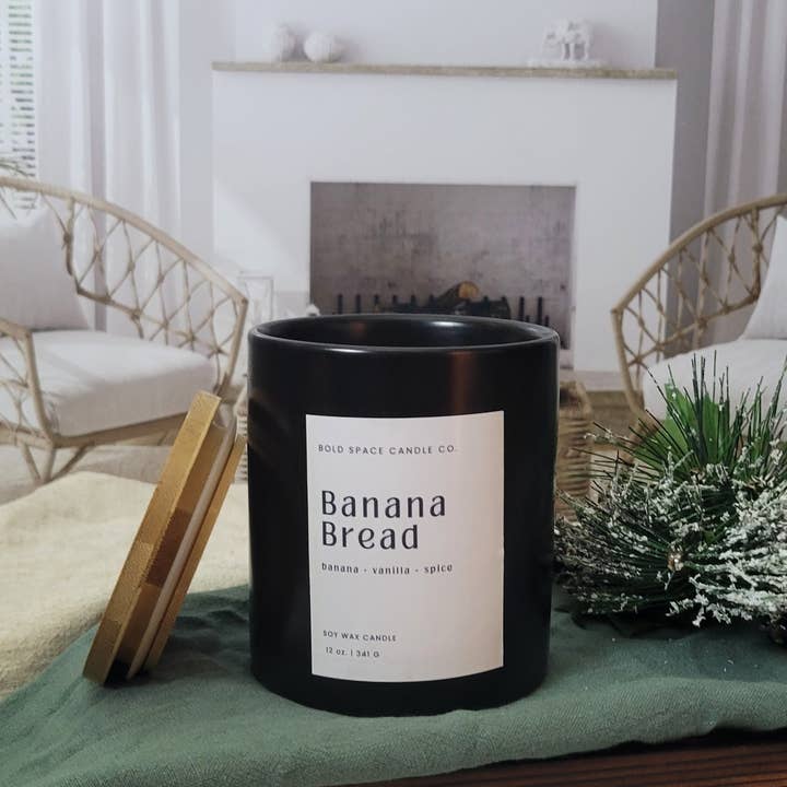 Banana Bread -12 oz. Black Soy Candle w/ Bamboo Lid- Holiday for wholesale by Bold Space Candle Co.