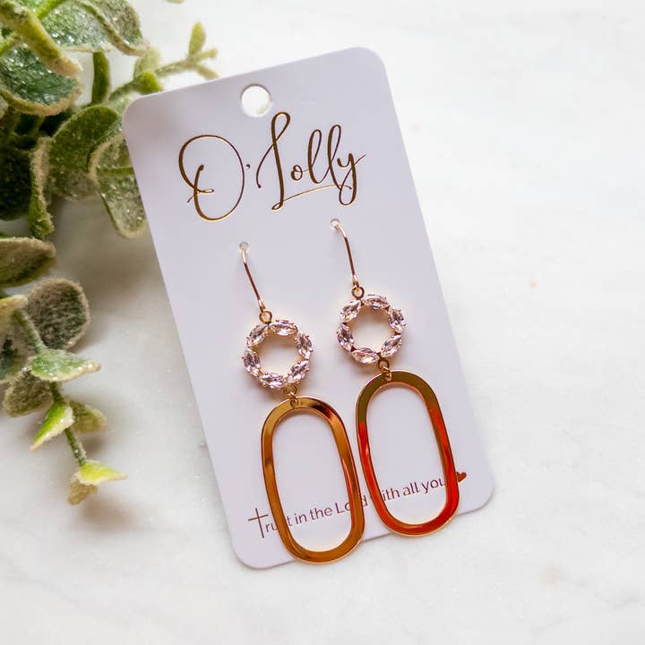 Cubic Zirconia Open Connector w/Gold Plated Open Oval Earrings “Oaklee” for wholesale by O’Lolly Jewelry