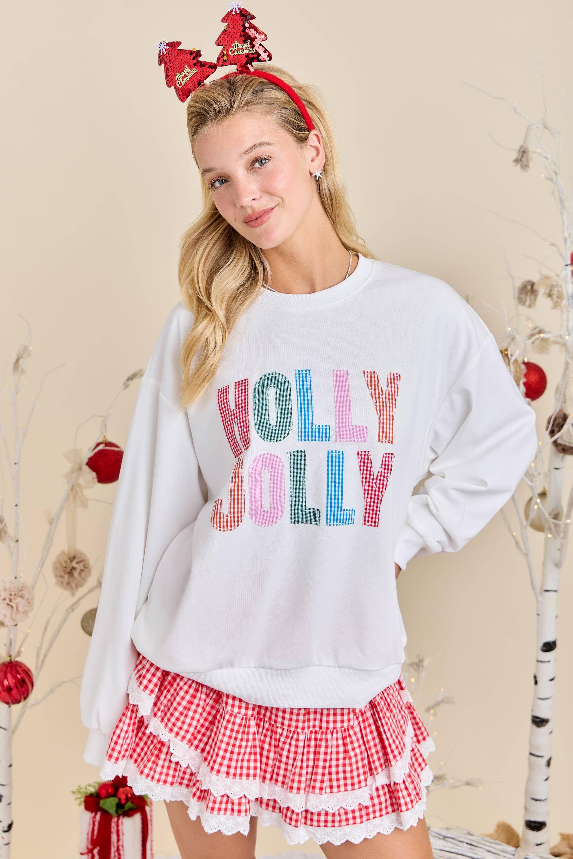 WHITE Holly Jolly Multicolor Gingham Pullover – Ready to Ship🎄 for wholesale on Faire7