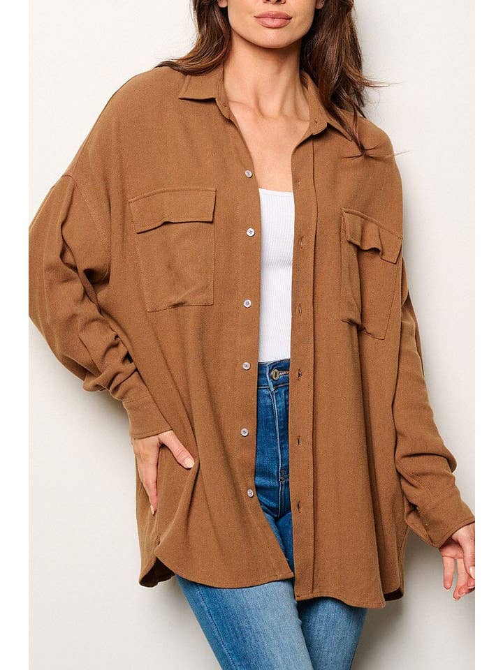 ROUSSEAU - Wholesale Button Down Shirt - Women's - BUTTON UP FRONT POCKETS OVERSIZED SHIRT2