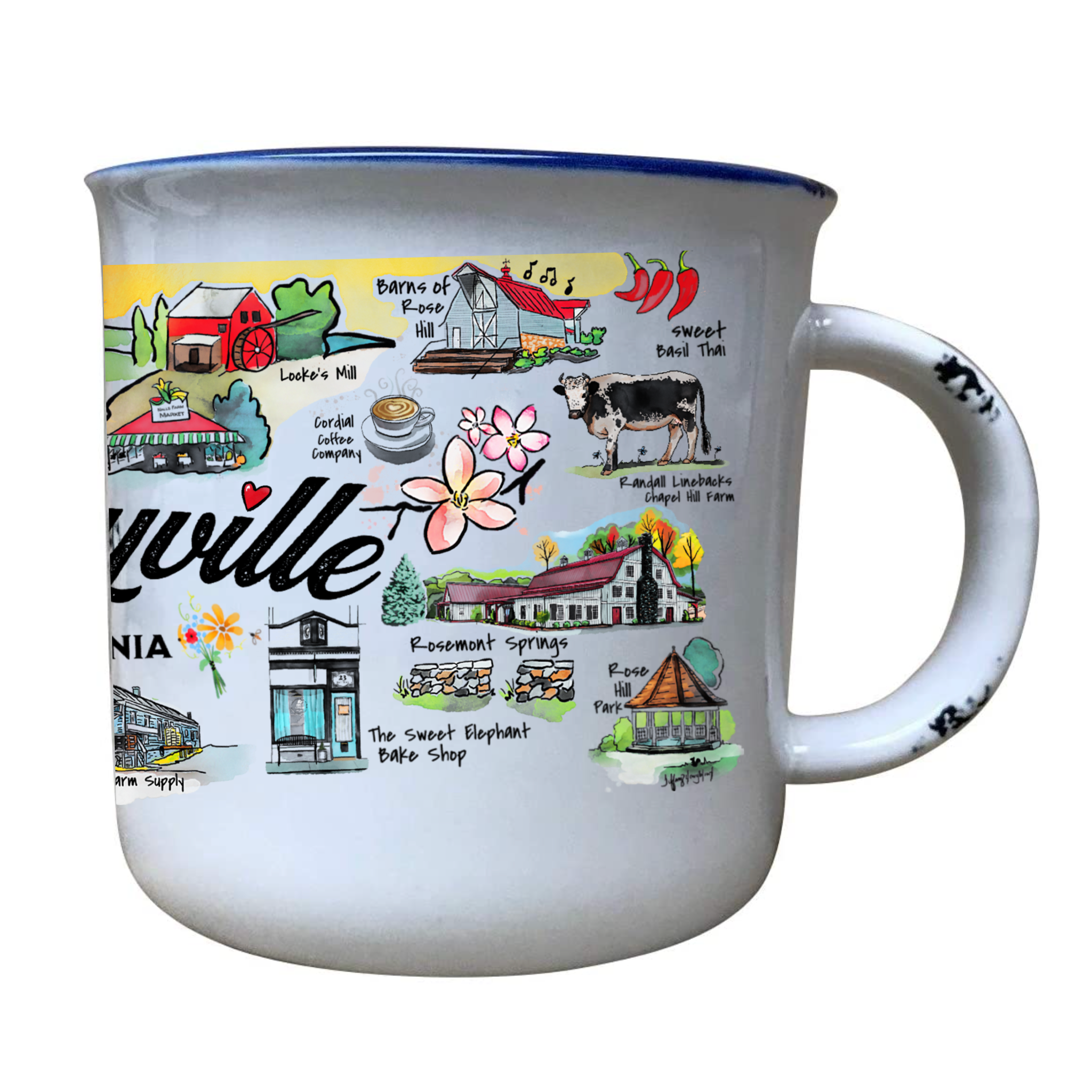 Sweetgum Studio - Wholesale Coffee Mug - Stoneware Distressed Mug with Blue Trim 14 oz.48