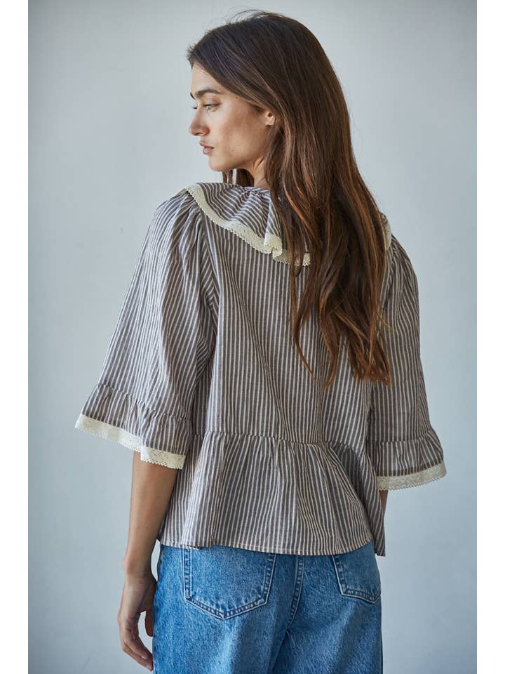 Grey L9000 | Woven Cotton Linen Striped Ruffle Top for wholesale on Faire2
