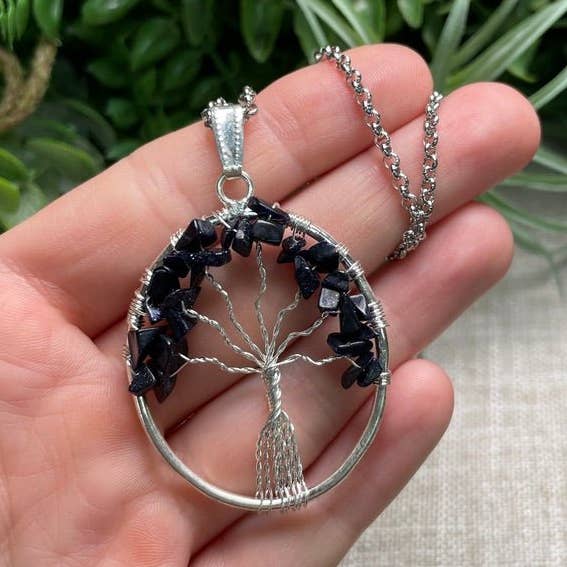 Copper Ashes - Vente Colliers à pendentif - Collier Arbre de vie en grès bleu0