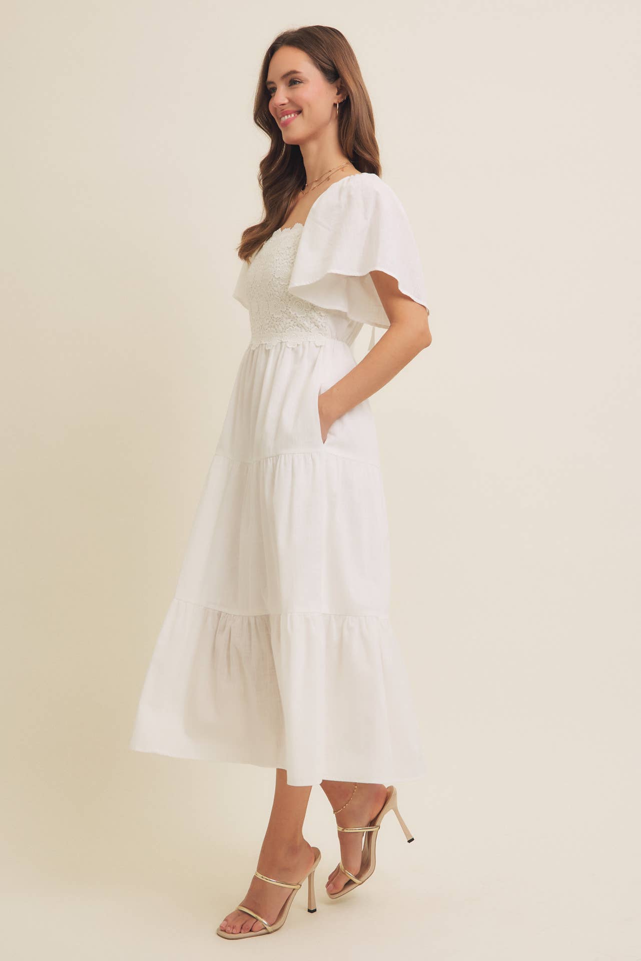 in february - Wholesale Dress - Women's - ESSENCE OF FALL TIERED CROCHET MIDI DRESS WITH FLUTTER SLVS10