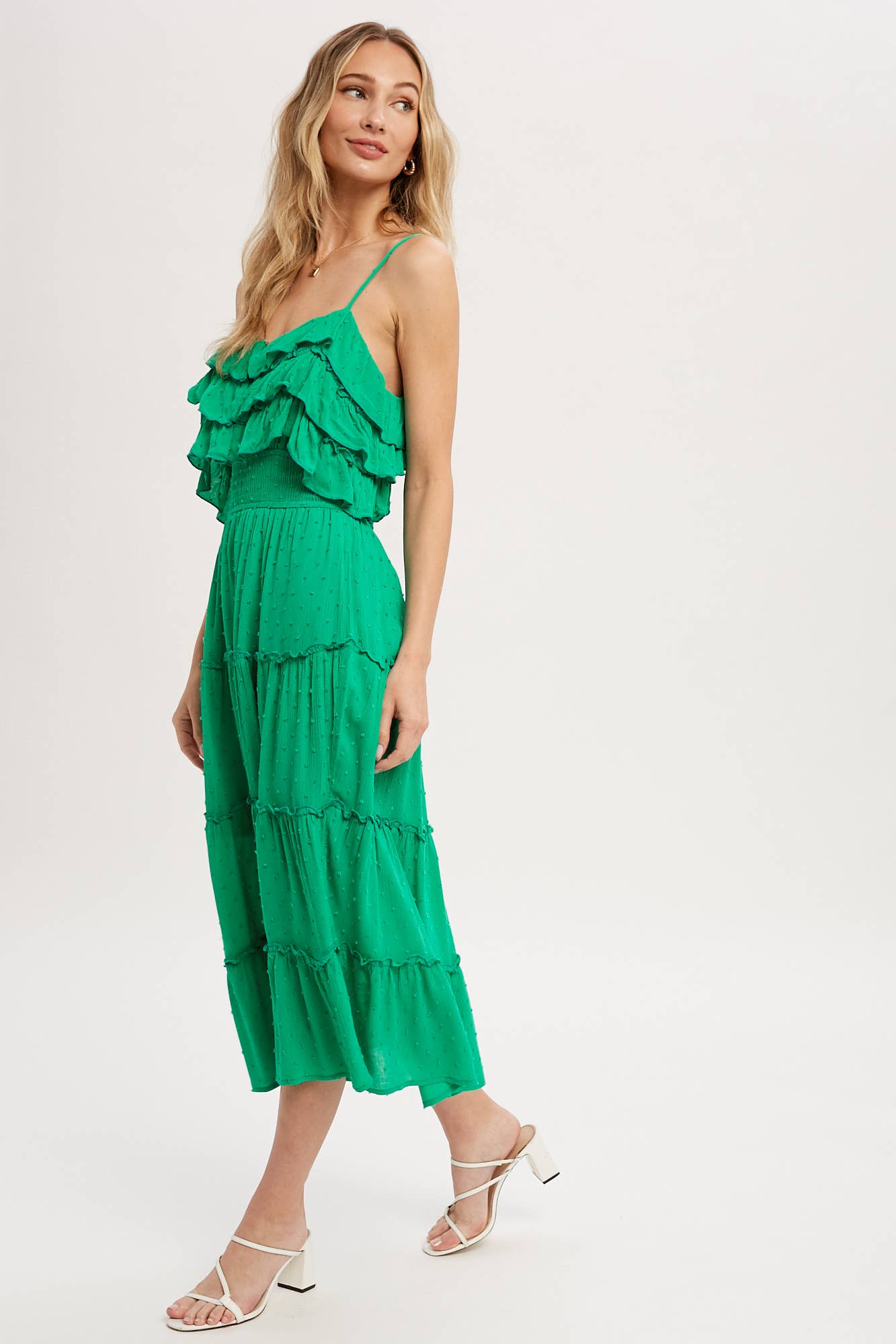 Bluivy – Großhandel Kleid – Damen – GESTUFTES MIDIKLEID MIT SCHWEIZER PUNKTEN UND RÜSCHEN23