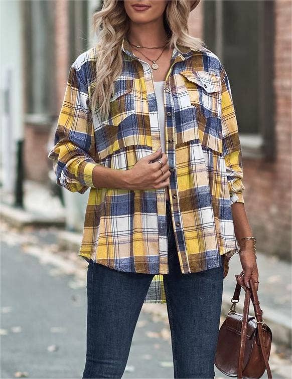 Rosa Clothing - Wholesale Button Down Shirt - Women's - Pocket long-sleeve plaid shirt jacket16