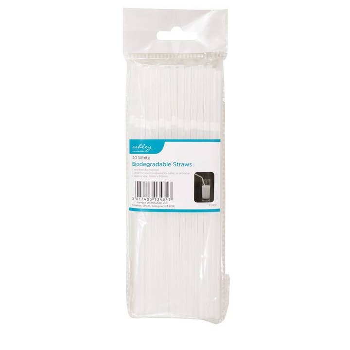 Rinkit Pty Ltd - Wholesale Drinking straw - White 21cm Biodegradable Plastic Straws - Pack of 40 - By Ashley