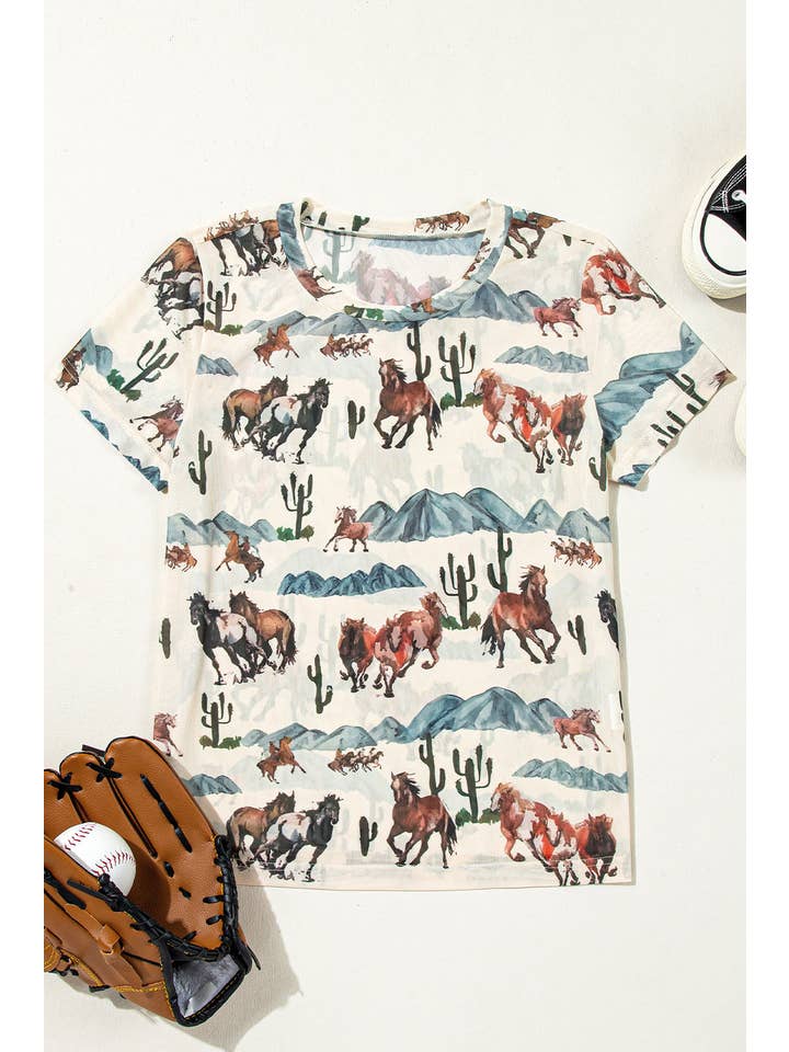 Beige Western Mesh Short Sleeve T-Shirt for wholesale on Faire