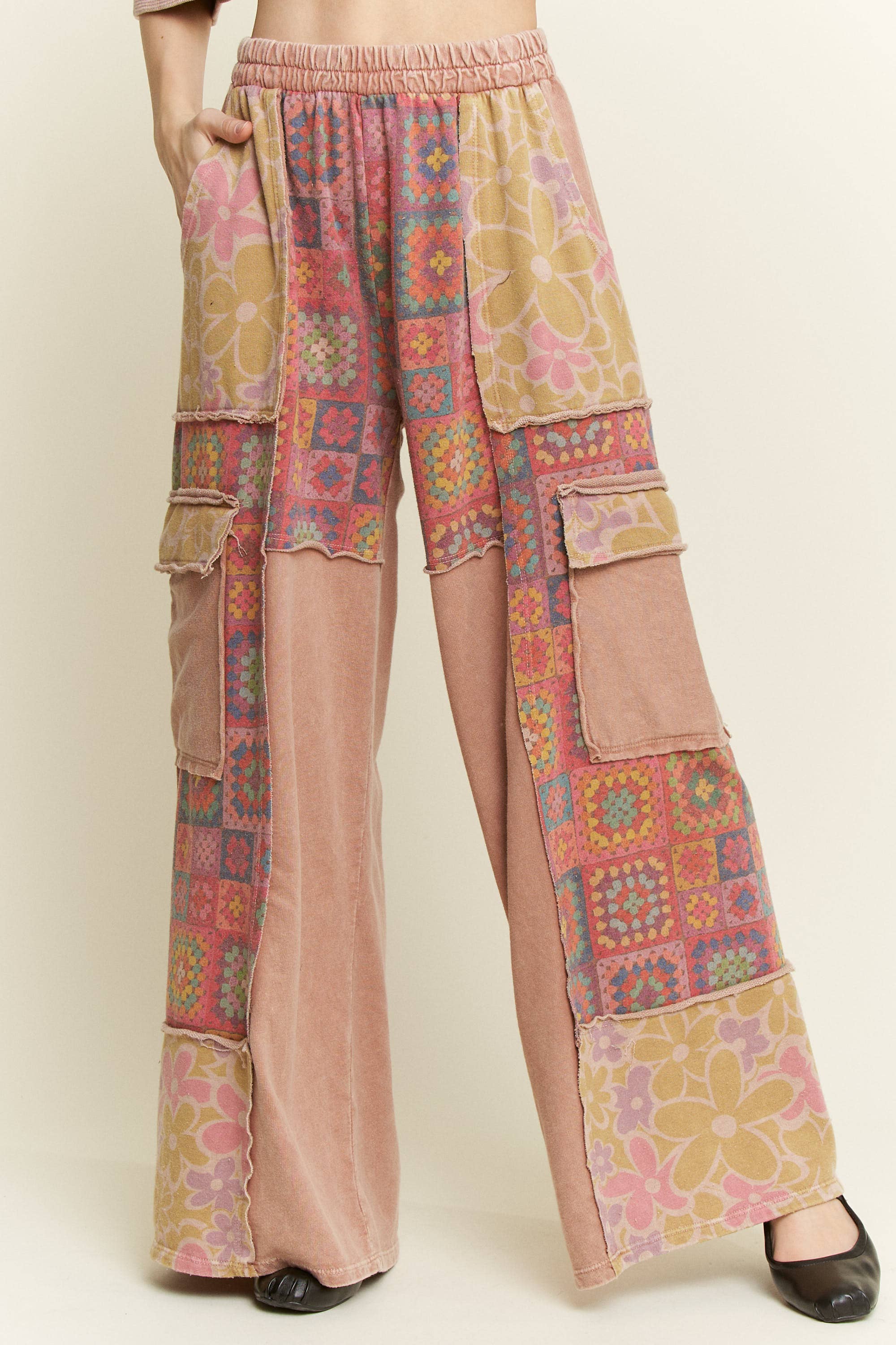 J.Her - Wholesale Pants - Women's - MineralWash Boho Crochet Floral Printed Pants HP575820