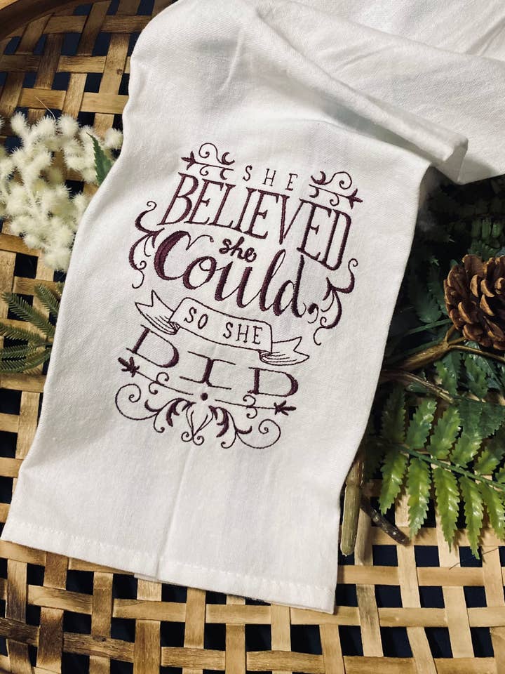 She Believed tea towel for wholesale by Linkster Love