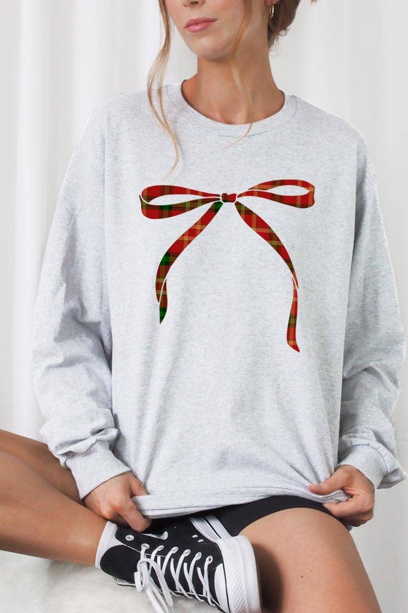 COLORBEAR - Vendita all'ingrosso Maglietta stampata - Donna - Maglietta grafica natalizia a maniche lunghe con fiocco rosso1