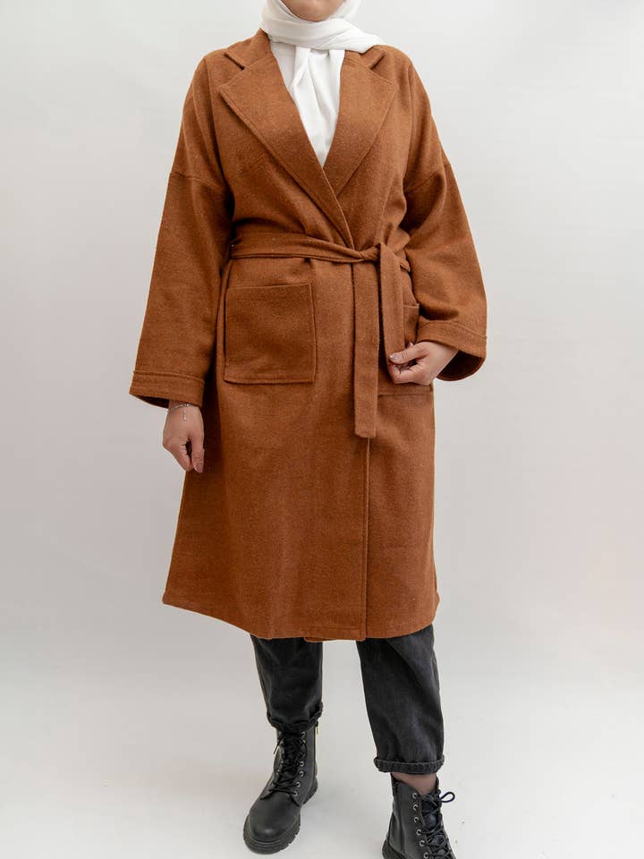 Long Oversize Coat with Pockets and Belt in Brown, Beige for wholesale by SAIS Fashion