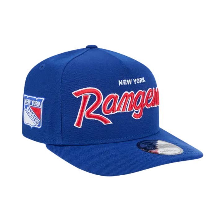 NEW YORK RANGERS NEW ERA NHL SCRIPT 9FIFTY A-FRAME BLUE SNAPBACK HAT for wholesale by Rat City Sk8 Shop