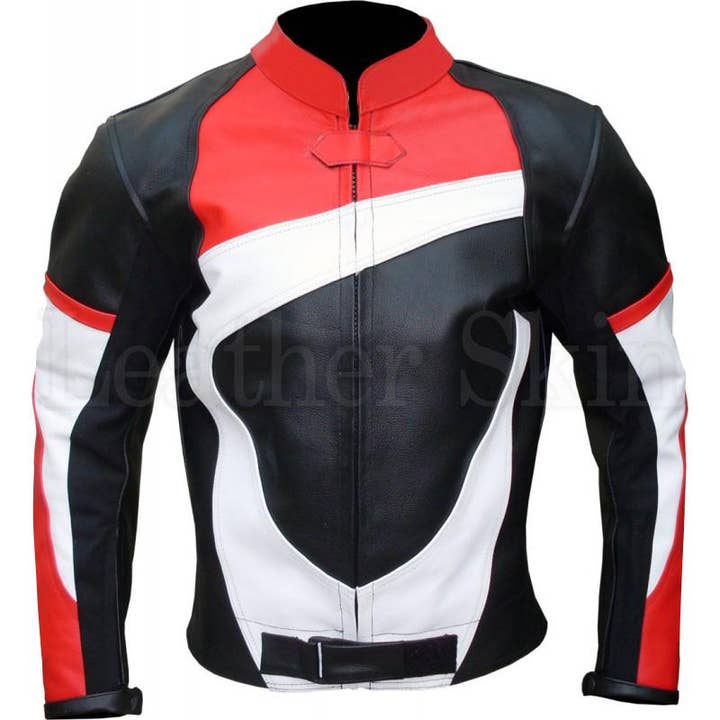 Men's Motorcycle Jacket With Black and White Stripes for wholesale by Leather Skin Shop