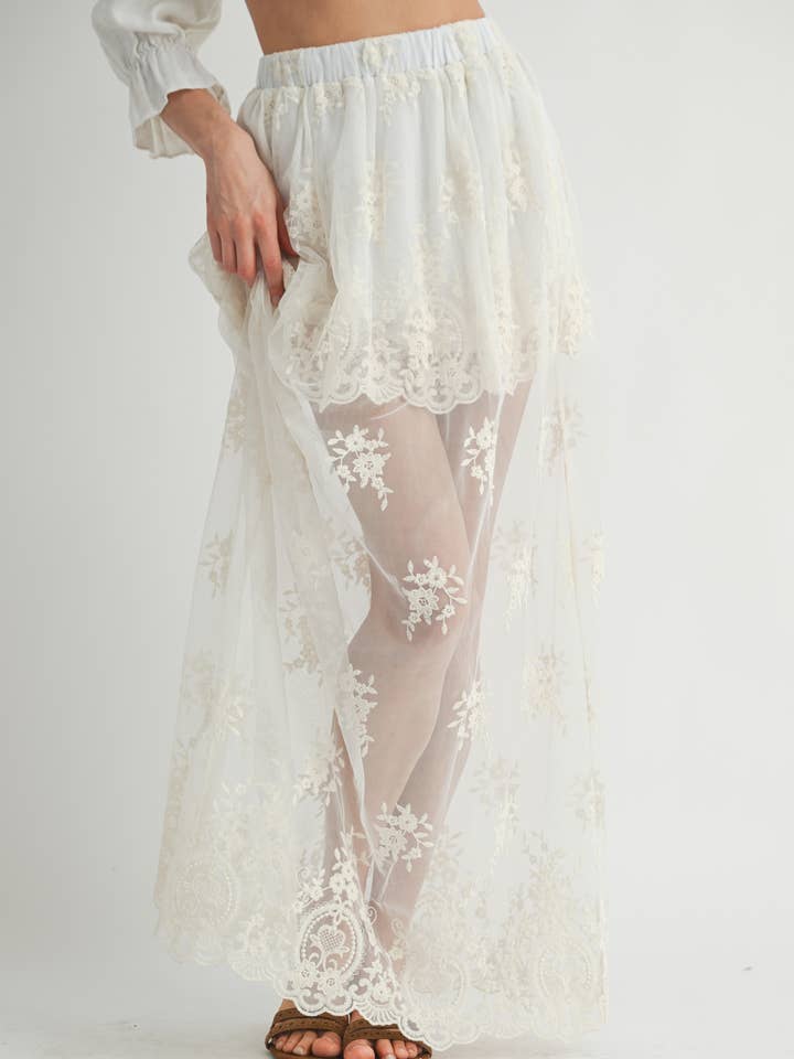 AS2404 Floral Embroidered Mesh Maxi Skirt for wholesale by EB LUXE