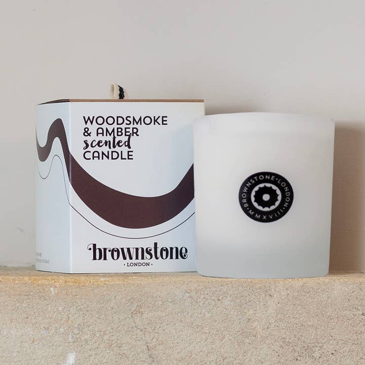 Woodsmoke & Amber Boxed Candle for wholesale by Brownstone London