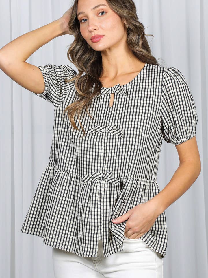 1/3 Open Self Tie Front Plaid Printed Blouse VT82635 for wholesale by Vine & Love