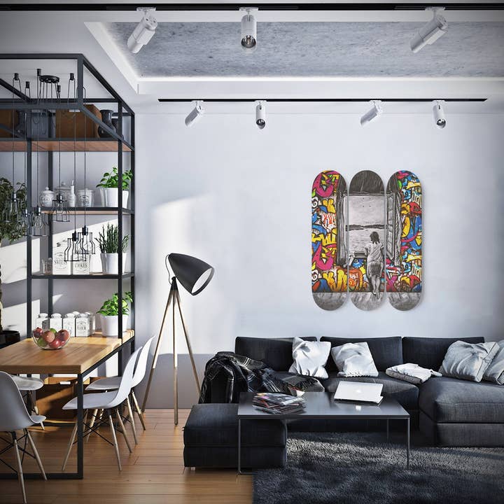 Banksy Lady In The Window Edge Wall Art Print | 3 - Piece Skateboard Art, Living Room Wall Decor, New Home Gift for wholesale by SkateboardArtsy