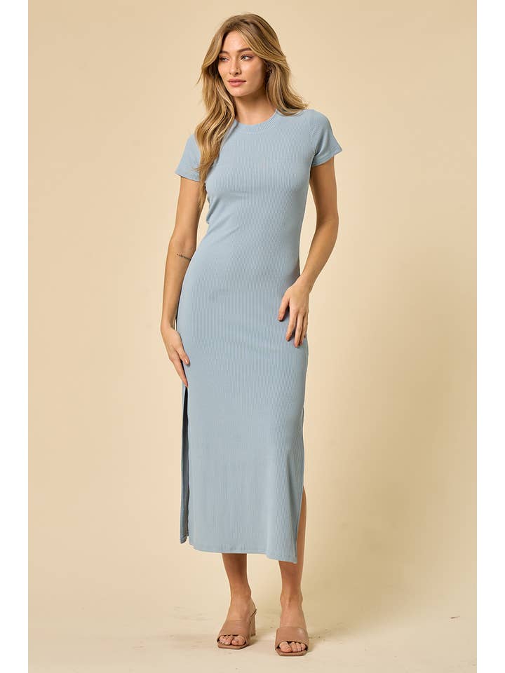 WISTERIA LANE - Venta al por mayor Vestido - Mujer - VESTIDO LARGO DE PUNTO ACANALADO OPACO CON ABERTURA - AZUL CLARO2