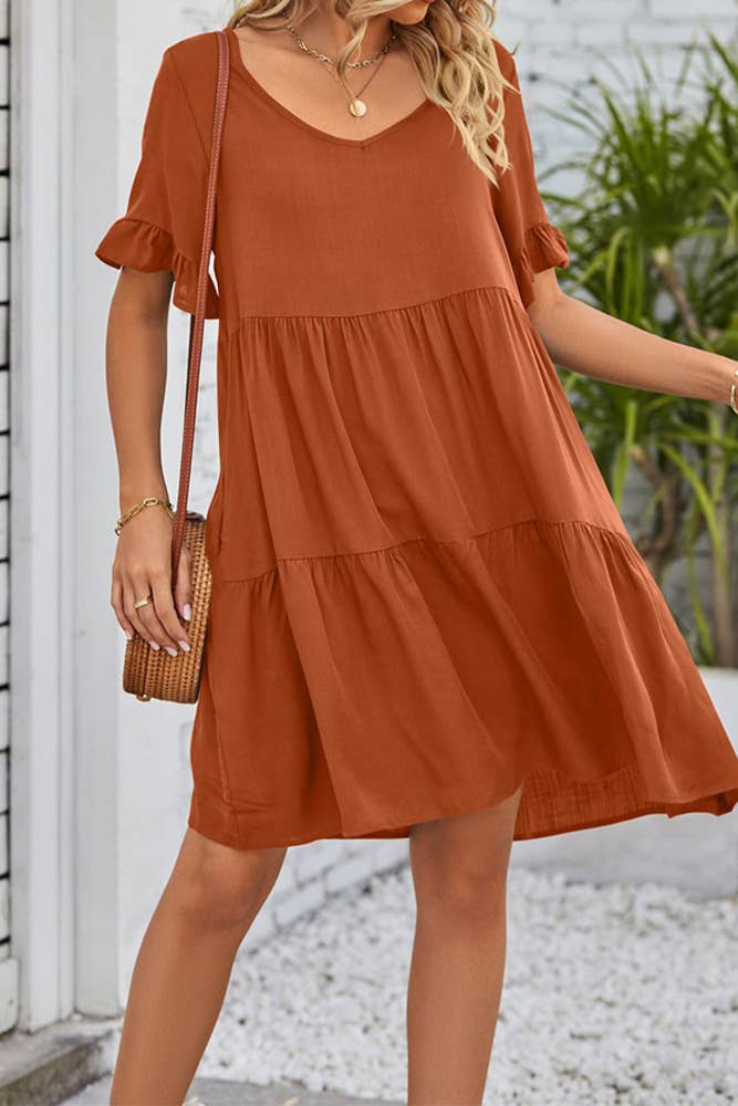 UNISHE - Vendita all'ingrosso Vestito - Donna - Abito A Balze Con Volant Con Scollo A V Semplice E Tasche MD03827