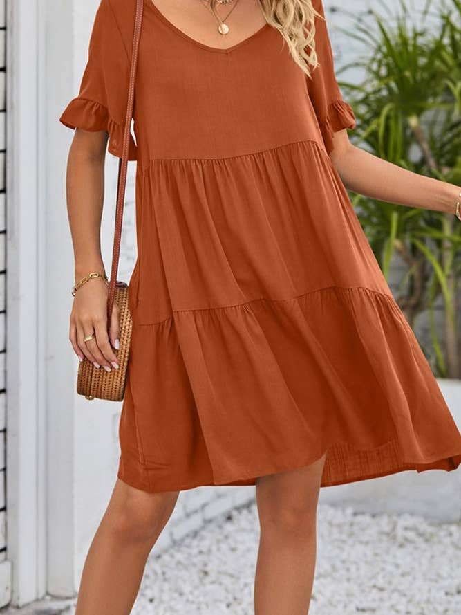 UNISHE - Vendita all'ingrosso Vestito - Donna - Abito A Balze Con Volant Con Scollo A V Semplice E Tasche MD03827