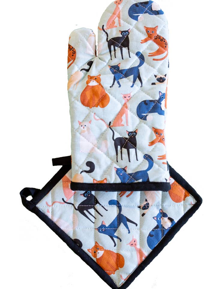 Oven Glove & Pot Holder Set - Colourful Cats for wholesale by Allgifts Australia